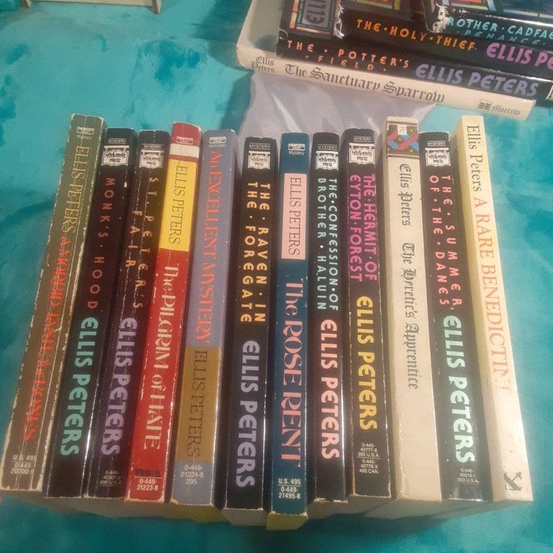 A Brother Cadfael Mystery book set by Ellis Peters, near complete set - 16 out of 21 books!  A Morbid Taste for Bones, Monk's Hood, St. Peter's Fair,
The Sanctuary Sparrow, The Pilgrim of Hate,
An Excellent Mystery, Raven in the Foregate, The Rose Rent,
The Hermit of Eyton Forest, The Confession of Brother Haluin,
The Heretic's Apprentice, The Potter's Field, The Summer of the Danes, The Holy Thief, Brother Cadfael's Penance, A Rare Benedictine