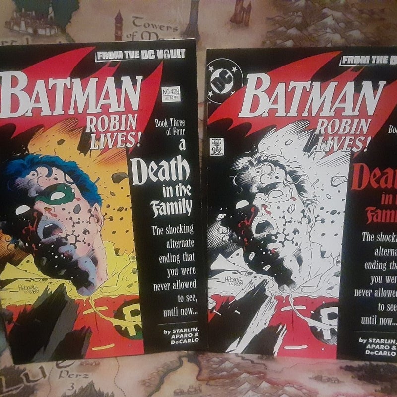 Batman 428 facsimile Robin Lives 2023  DC COMICS 2 book lot 1st and 2nd printing . 1st printing book has some small marks on the back cover. This reprints Batman 428 by Jim Starlin and Jim Aparo but with the pages that would have been published had the infamous phone vote decided that Jason Todd would live. 2 copies of the same book with 2 slightly different covers. =)