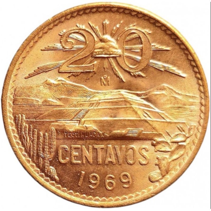 Red bronze Unc 20 centavo 1969, sold separately. 