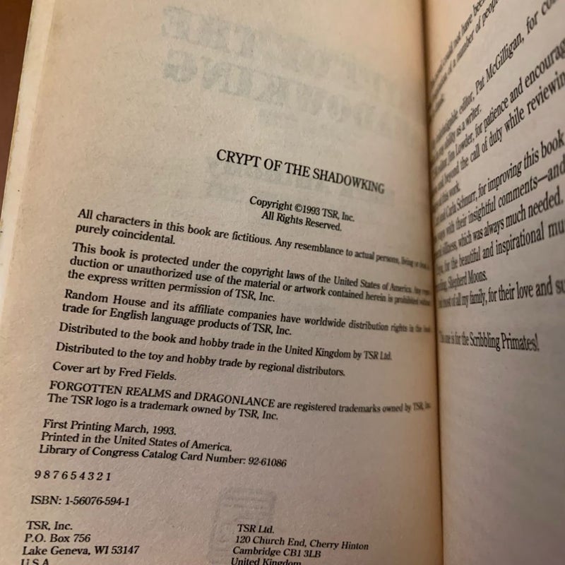 Forgotten Realms: Crypt of the Shadowking, Harpers 6, First Edition First Printing