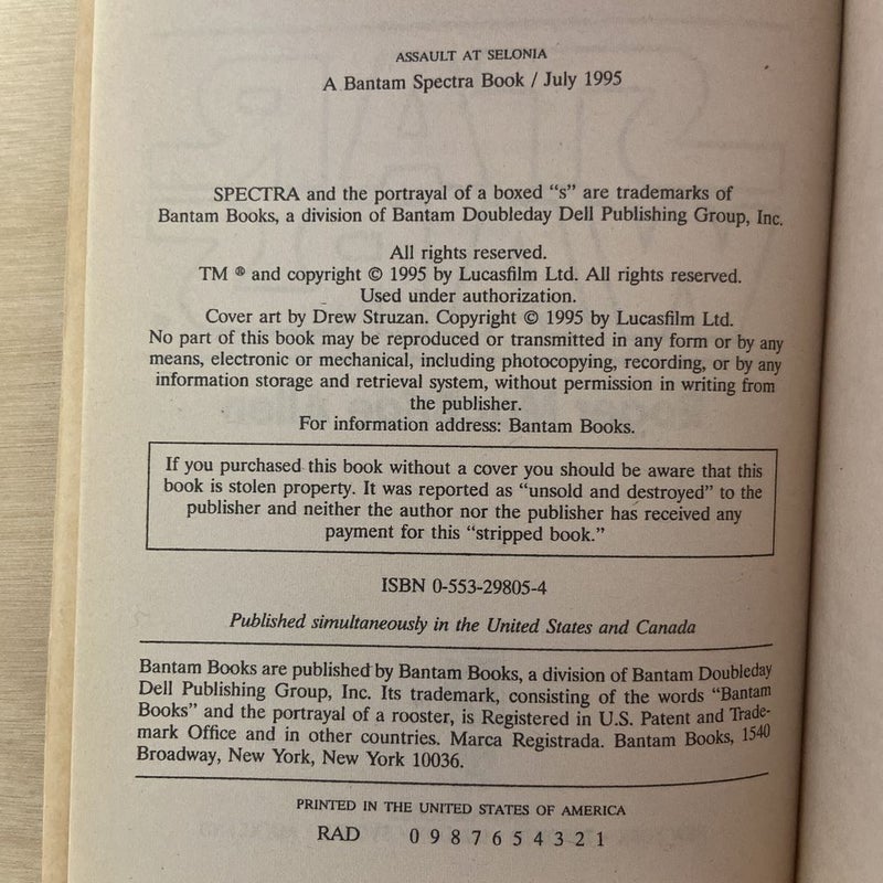 Star Wars Assault at Selonia (First Edition First Printing-The Corellian Trilogy)