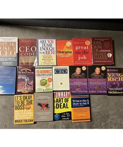 Lot: it’s ok to be the boss, Speak like a CEO, Capitalism 4.0, Freakonomics, first book of investing,CEO code, are you dumb enough to be rich,  how to become CEO,great on the job, Charisma, kiss bow or shake hands, Business without the bullshit, rich dad young dad, guide to investing, before you quit your job, summary: the art of the deal,    
