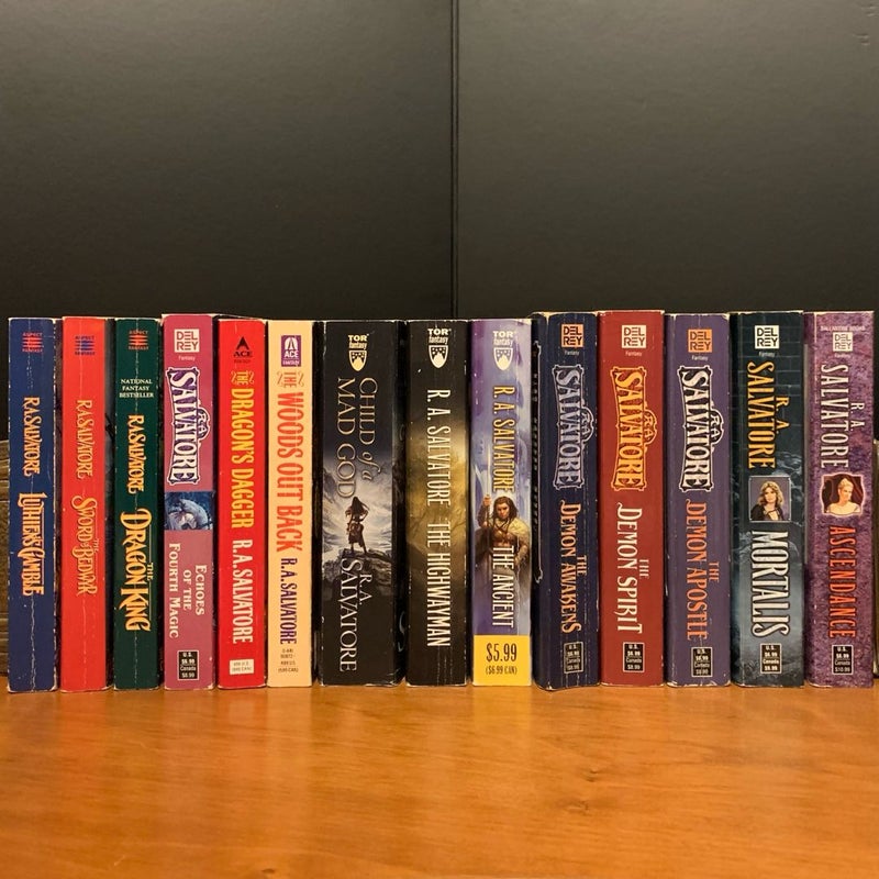R. A. Salvatore Collection: 14 Books, Crimson Shadow Trilogy, DemonWars, more: Luthien’s Gamble, Sword of Bedwyr, The Dragon King, Echoes of the Fourth Magic, The Woods Out Back, The Dragon’s Dagger, Child of a Mad God, The Highwayman, The Ancient, The Demon Awakens, The Demon Spirit, The Demon Apostle, Mortalis, Ascendance