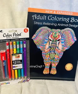 Brand New!!! Stress Relieving Coloring Book & Color Point 6 Pack Mechanical Pencils w/ 12 Bonus Lead