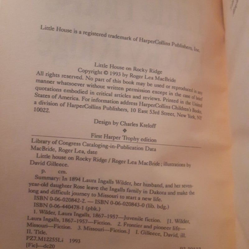 Little House : The Rocky Ridge Years (Rose years) 6 Book Set By Roger Lea MacBride.

All 1st editions!

All paperbacks with cover wear, creases on covers / spines. A few have small spine rips or names/stickers in them. In good shae =)


Little House on Rocky Ridge - small spine rip.


Little Farm in the Ozarks.


In the Land of the Big Red Apple - sticker on inner back cover.


On the Other Side of the Hill - tiny spine rip.


Little Town in the Ozarks - sticker on inner cover.


New Dawn on Rocky Ridge - name & sticker on inner covers.

