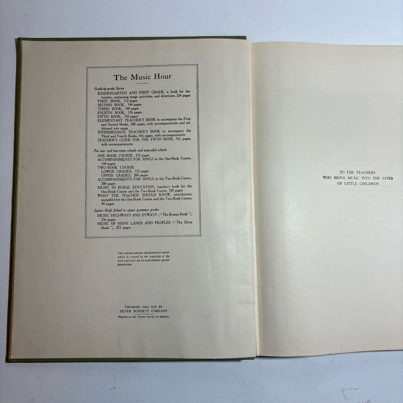 The Music Hour in the Kindergarten and First Grade Vtg 1938 music song book