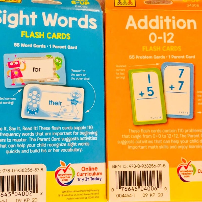 School Zone Sight Words & Addition Flash Cards Phonics Reading & Mathematics SET