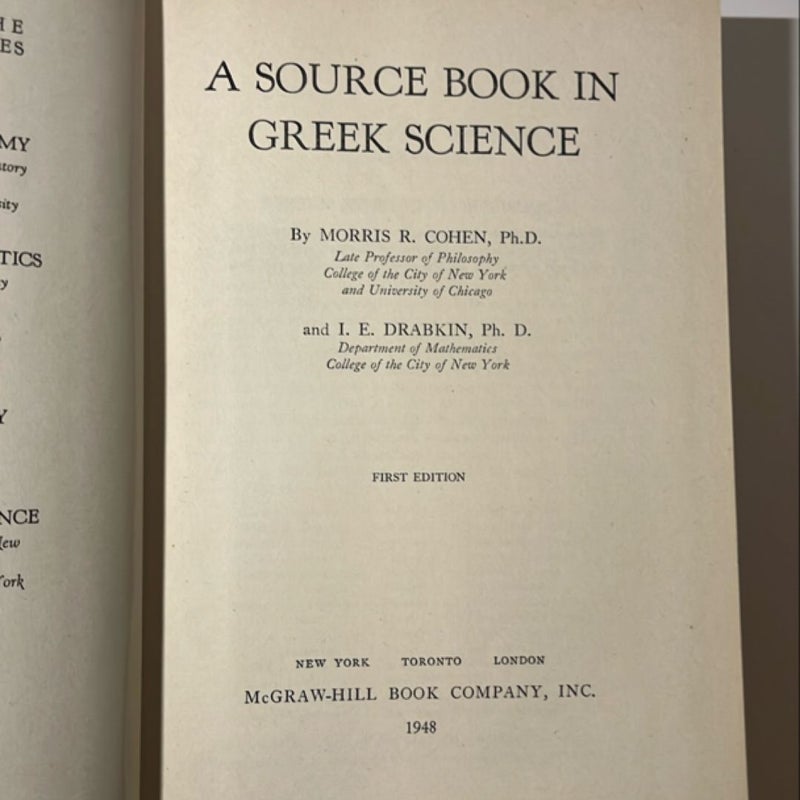 First Edition of Source Books In The History of Greek Science 