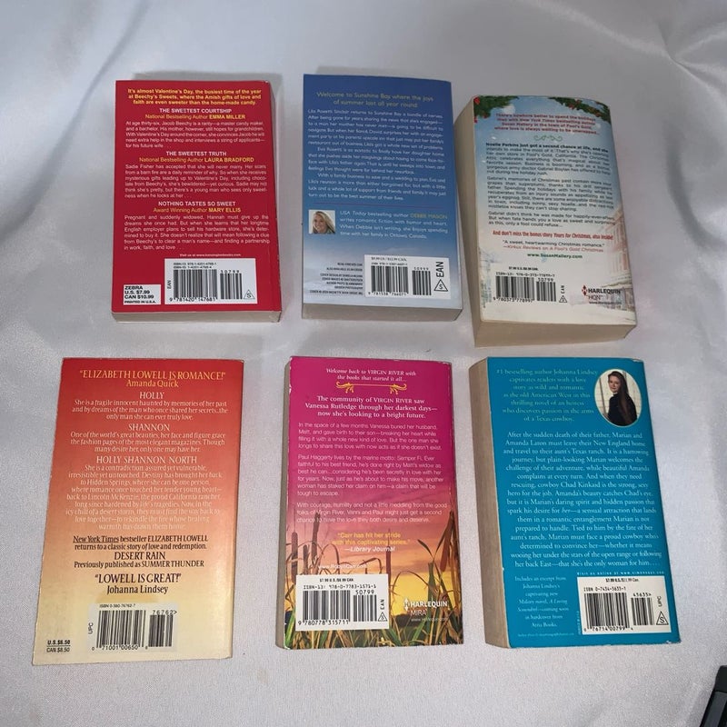 Lot of 6 pocket paper back books, by varied author, novels,romantic  fiction.