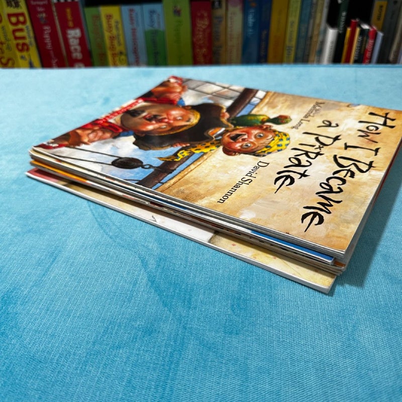 8 caldecott writer David Shannon books (No, David, a bad case of stripes, how I became a pirate, duck on a bike, etc)