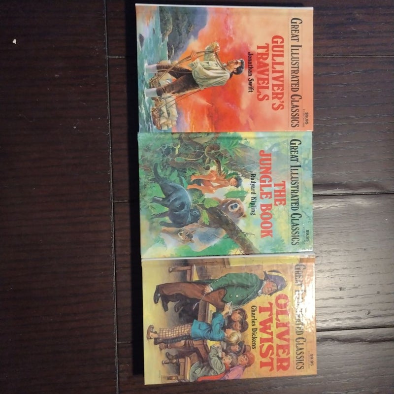 The Great Illustrated Classics: Gulliver's Travels, The Jungle Book, and Oliver Twist.