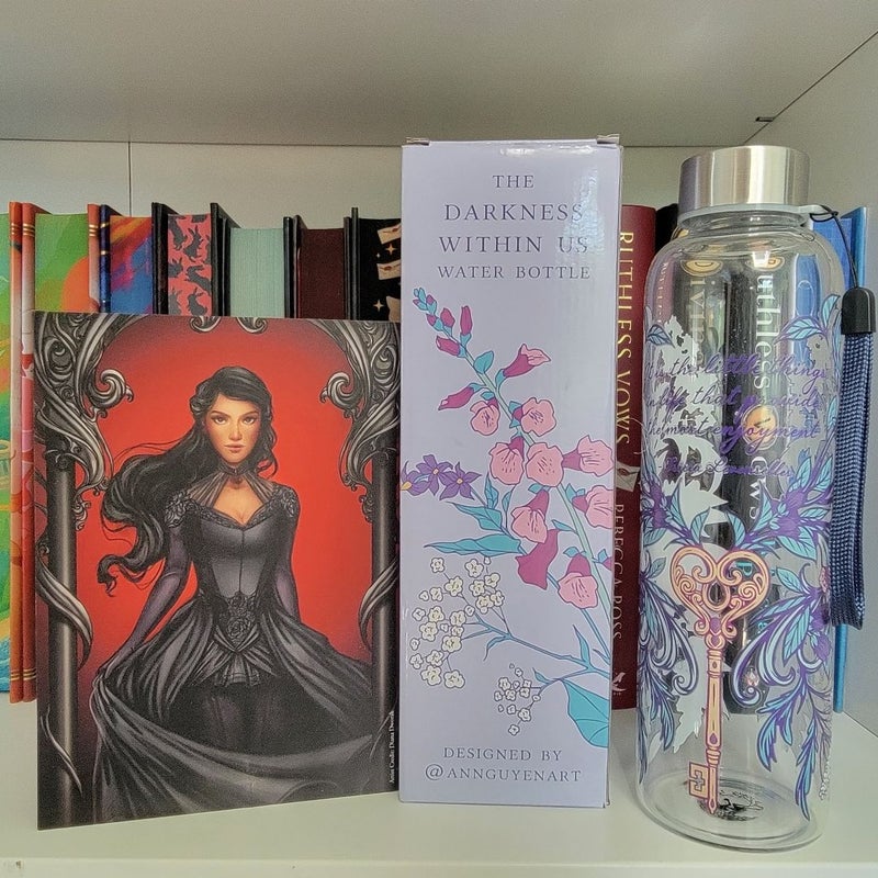 Fairyloot The Darkness Within Us Glass Water Bottle and The Shadows Between Us Double Sided Print