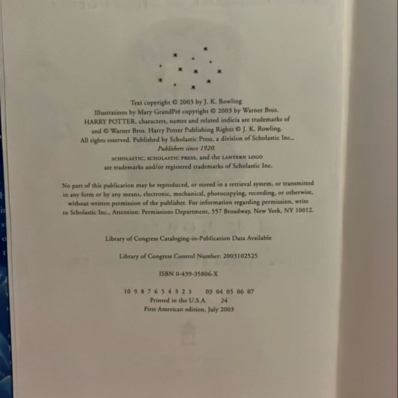 Harry Potter and the Order of the Phoenix — 2003 1st Edition, 1st State, Full Number Line (10–1), with Notable Printing Errors