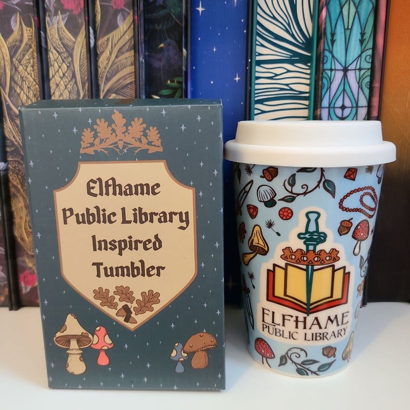 Bookish box Elfhame Public Library tumbler inspired by Bookshops and Bonedust