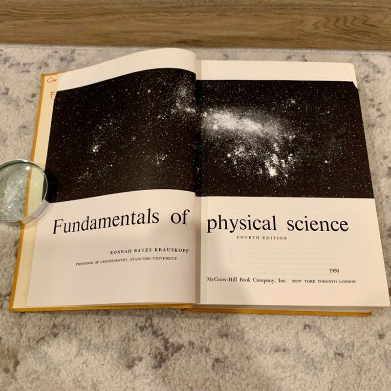 Photo of a vintage science textbook open to a page with a black and white image of the galaxy above the heading "Fundamentals of physical science" from a Pango seller