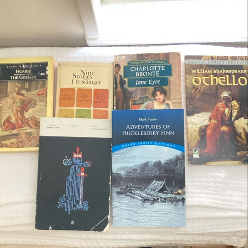 Classics Bundle: Jane Eyre, Othello, Hamlet, Adventures of Huckleberry Finn, The Odyssey, Nine Stories by J.D. Salinger 