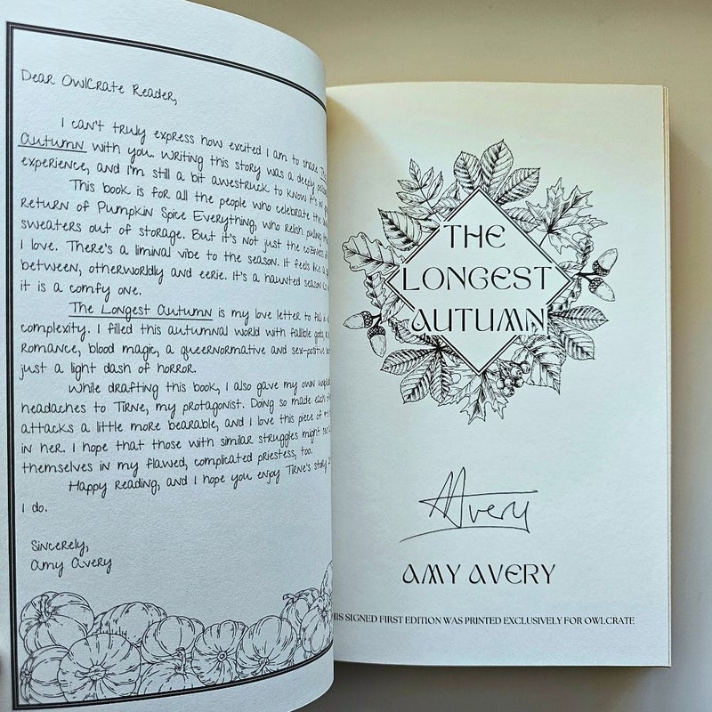 NEW The Longest Autumn SIGNED by Amy Avery FIRST Edition Owlcrate Limited