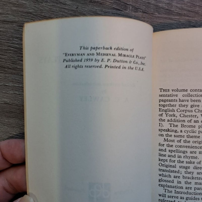 Everyman and Medieval Miracle Plays Edited by Cawley 1959 E.P. Dutton Paperback