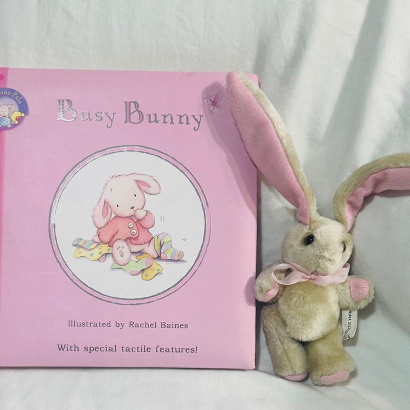 Busy Bunny Padded Board Book & Vintage Posable Stuffed Animal 