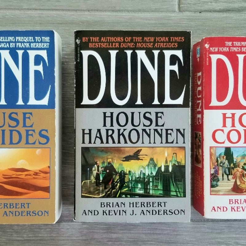 DUNE TRILOGY BY FRANK HERBERT: ATREIDES, HARKONNEN, CORRINO VTG. 2001-2002 BOOKS