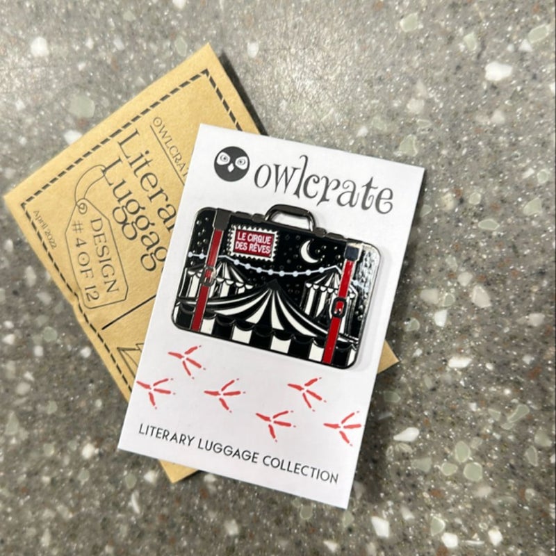 Owl crate night circus, inspired, literary luggage collection pin