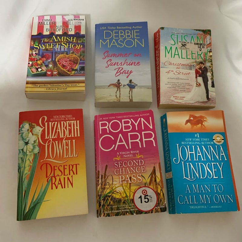 Lot of 6 pocket paper back books, by varied author, novels,romantic  fiction.