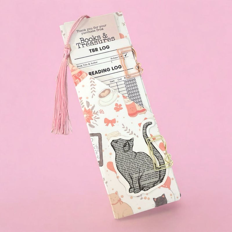Book Lover’s Bookmark Pouch – TBR and Reading Log Set with Cats & books valentine heart design, Bookish Paperclips and Sticker