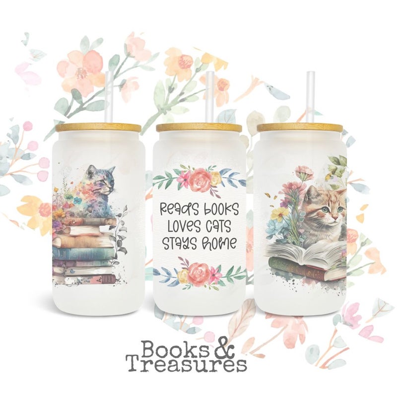 Reads Books Loves Cats 16oz Frosted Glass Can Cup