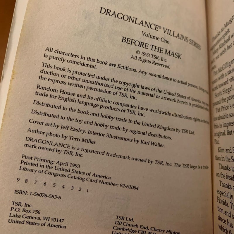 Vintage 1993 First Edition DragonLance: Complete Villains Series 1-6 Set: Before the Mask, The Black Wing, Emperor of Ansalon, Hederick the Theocrat, Lord Toede, The Dark Queen