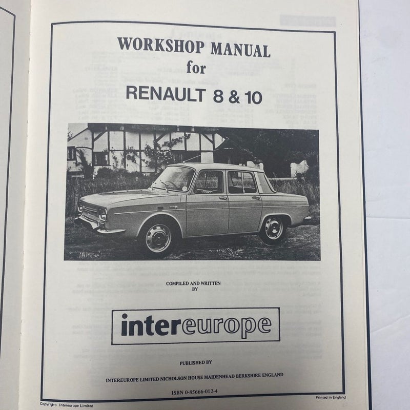 Vintage Renault R8/10 InterEurope Workshop Manual 143 R1130-R1132/36-R1190-R1192