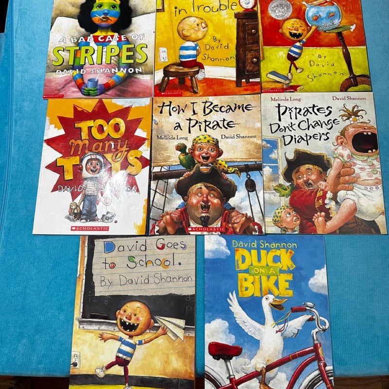 8 caldecott writer David Shannon books (No, David, a bad case of stripes, how I became a pirate, duck on a bike, etc)