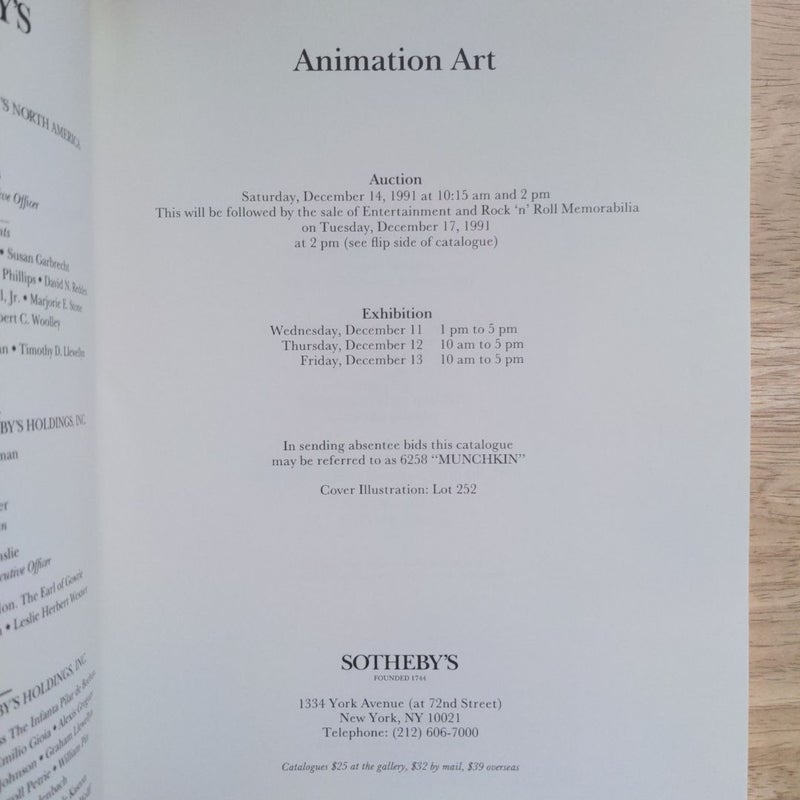 Sotheby's Auction Catalog - December 1991: Animation Art & Rock 'n' Roll Memorabilia 