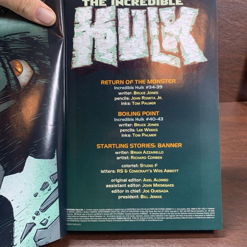 The Incredible Hulk: Return of the Monster Bruce Jones 1st Printing 2002 Vol. 1