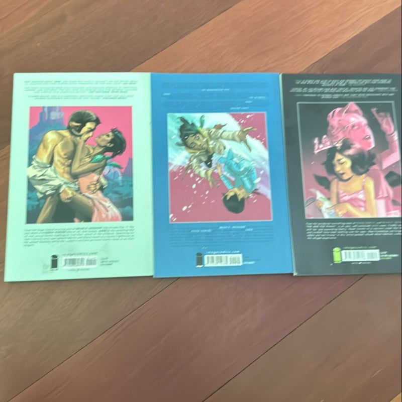 3 titles of Saga: Volumes 3, 5, and 7