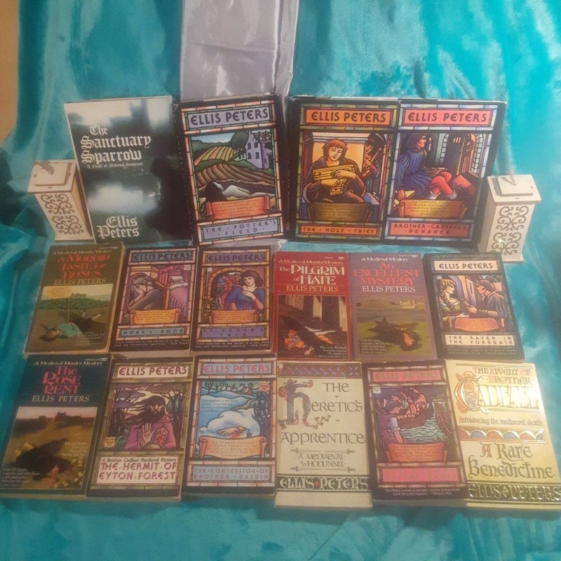 A Brother Cadfael Mystery book set by Ellis Peters, near complete set - 16 out of 21 books!  A Morbid Taste for Bones, Monk's Hood, St. Peter's Fair,
The Sanctuary Sparrow, The Pilgrim of Hate,
An Excellent Mystery, Raven in the Foregate, The Rose Rent,
The Hermit of Eyton Forest, The Confession of Brother Haluin,
The Heretic's Apprentice, The Potter's Field, The Summer of the Danes, The Holy Thief, Brother Cadfael's Penance, A Rare Benedictine