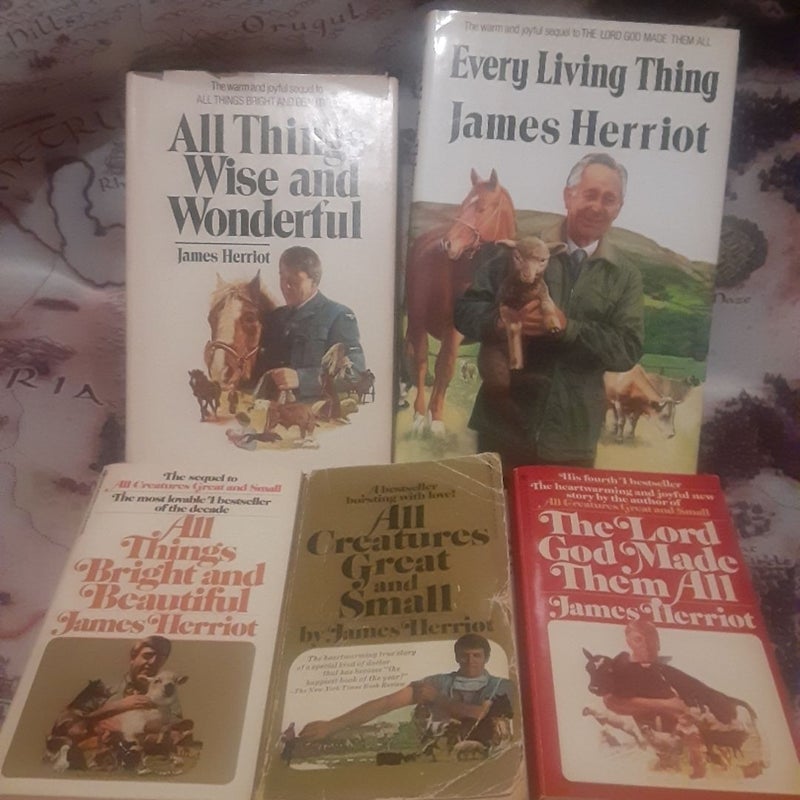 Complete James Herriot All Creatures Great and Small 5 book set! Bright & Beautiful, Wise & Wonderful, The Lord God Made Them All, Every Living Thing