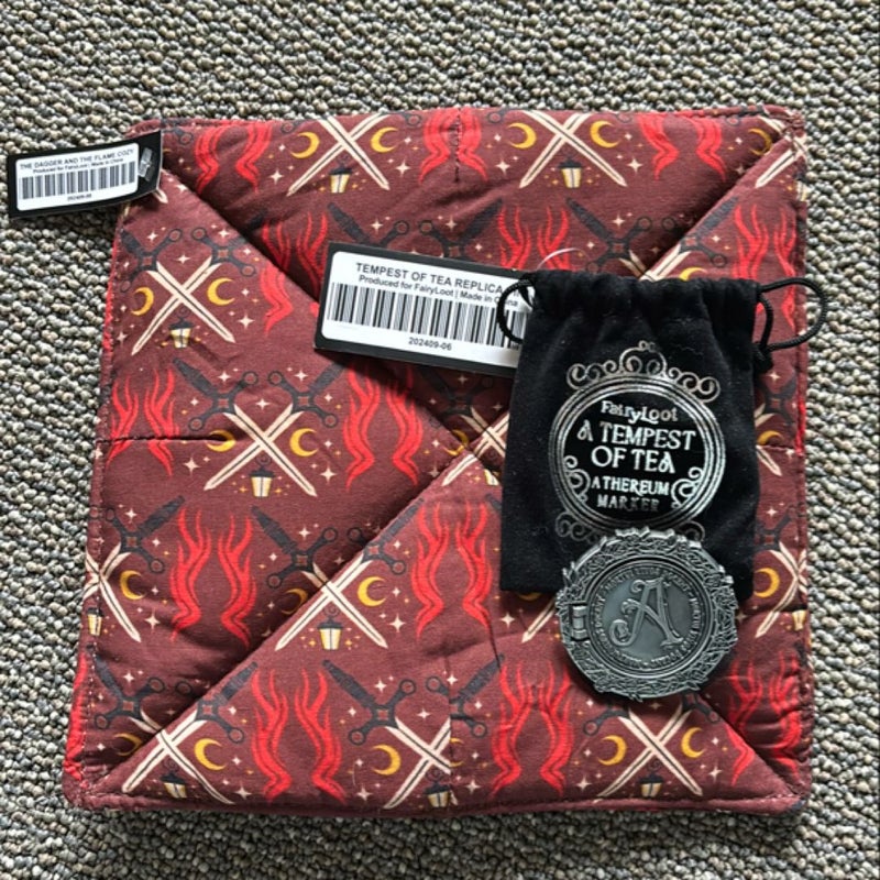 Fairyloot Tempest of Tea pin & Dagger and the Flame cozy