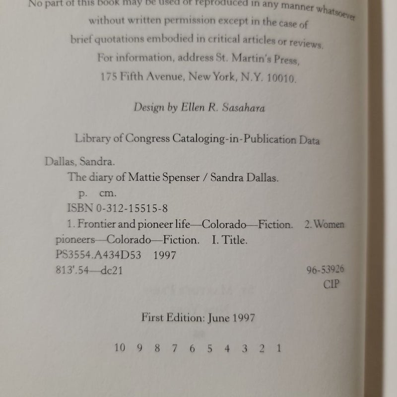 The Diary of Mattie Spenser (First Edition)