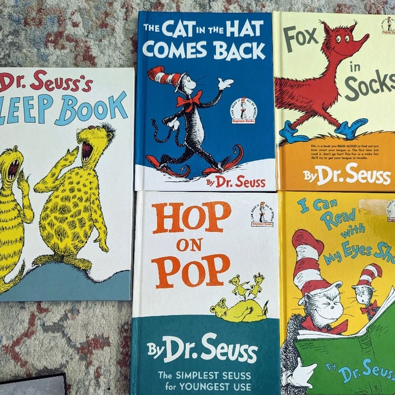 Five Hardcover Dr. Seuss Books - The Sleep Book, The Cat and the Hat Returns, Fox in Socks, Hop on Pop and I Can Read with my eyes shut