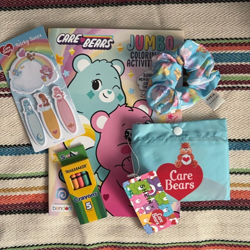 Care Bears, jumbo coloring book with a swag bag, scrunchie, sticky notes and a small crayons