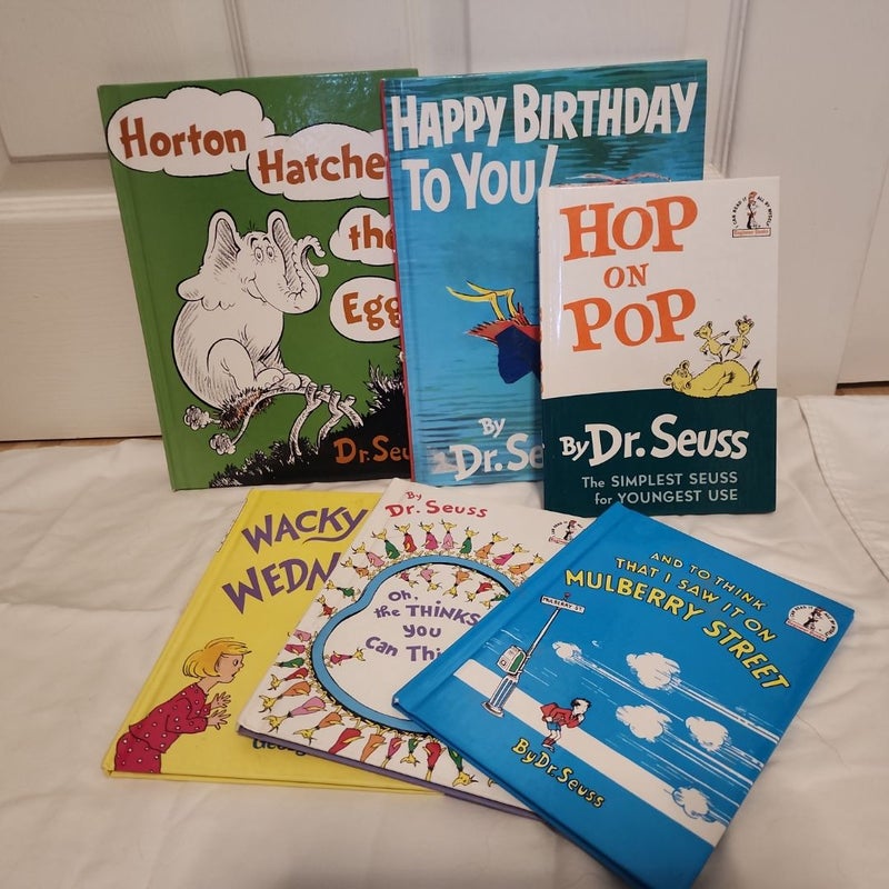 Lot of 6. Horton Hatches the Egg. Happy Birthday to you. Wacky Wednesday. Hop on Pop. Oh, The Thinks you Can Think. And, for To Think That I Saw It On Mulberry Street.