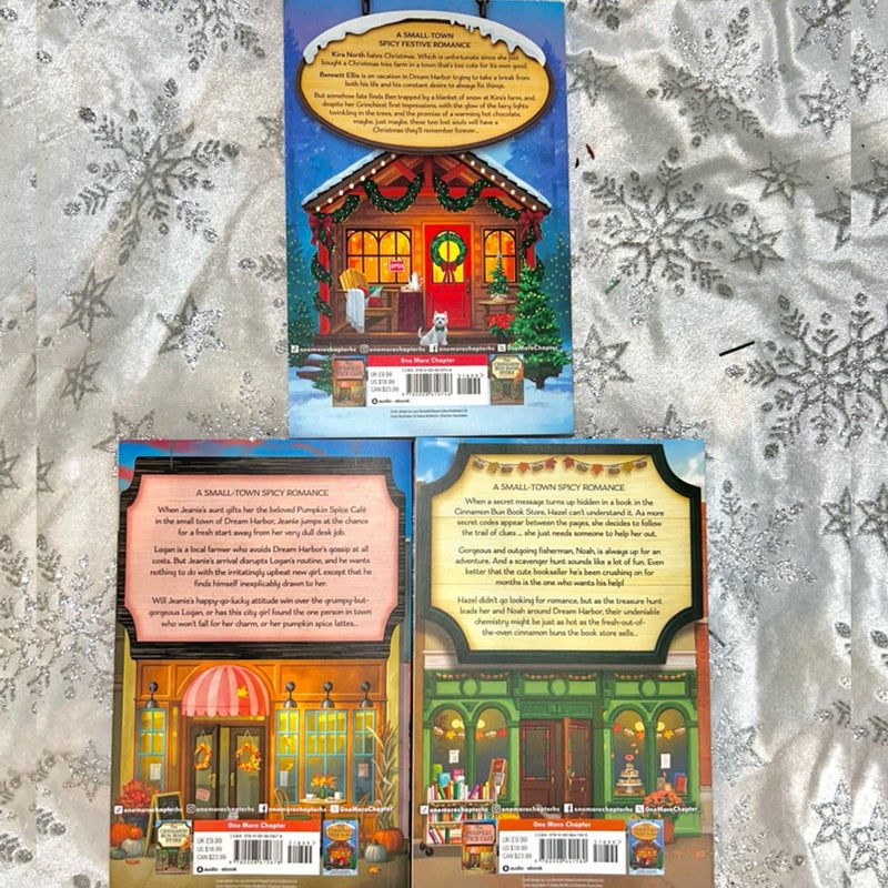 The Christmas Tree Farm, the pumpkin spice cafe, and the cinnamon bun book store 