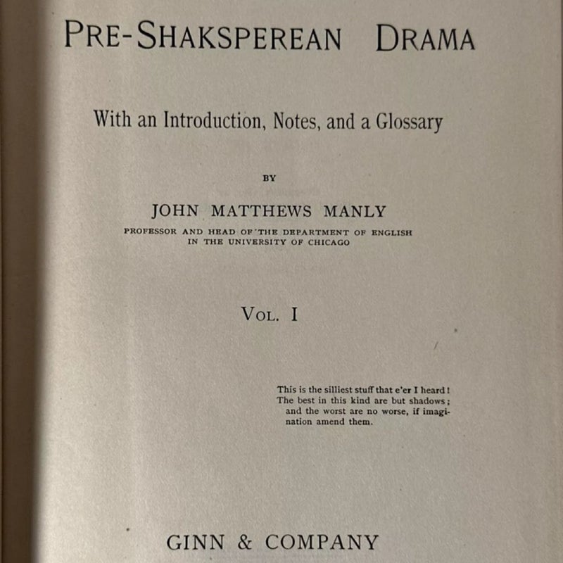 Specimens of the Pre-Shakespearean Drama Volume I (1897) Antique ‘HC Excellent