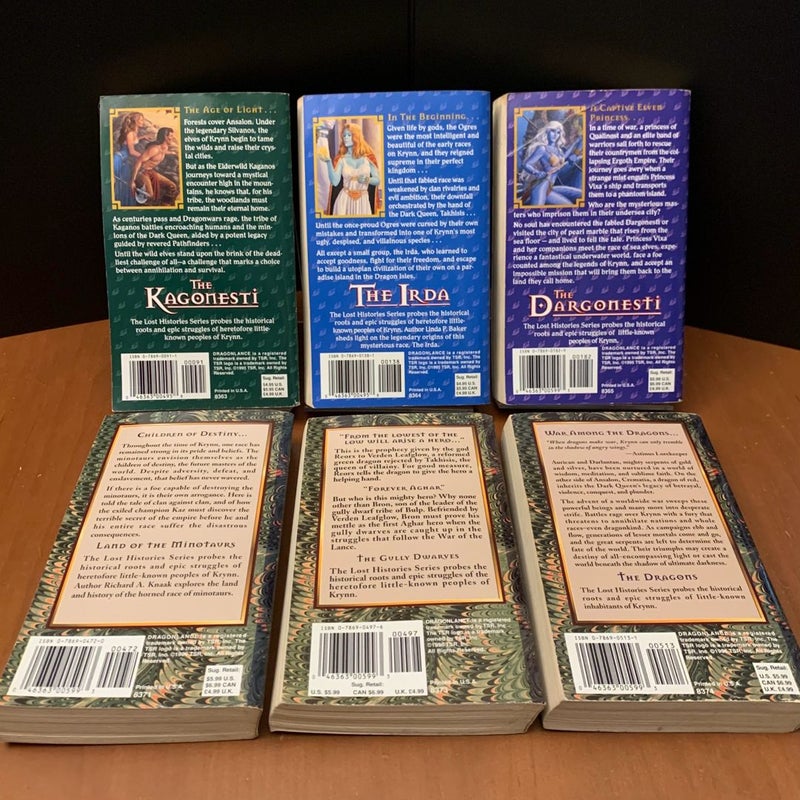 Vintage 1995 First Edition DragonLance: Complete Lost Histories Series 1-6 Set: The Kagonesti, The Irda, The Dargonesti, Land of the Minotaurs, The Gully Dwarves, The Dragons
