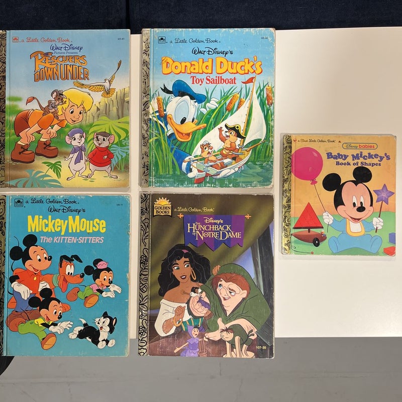 Walt Disney Little Golden Book Bundle: Rescuers Down Under, Mickey Mouse - The Kitten Sisters, Donald Duck’s Toy Sailboat, The Hunchback of Notre Dame (First edition), Baby Mickeys Book of Shapes 