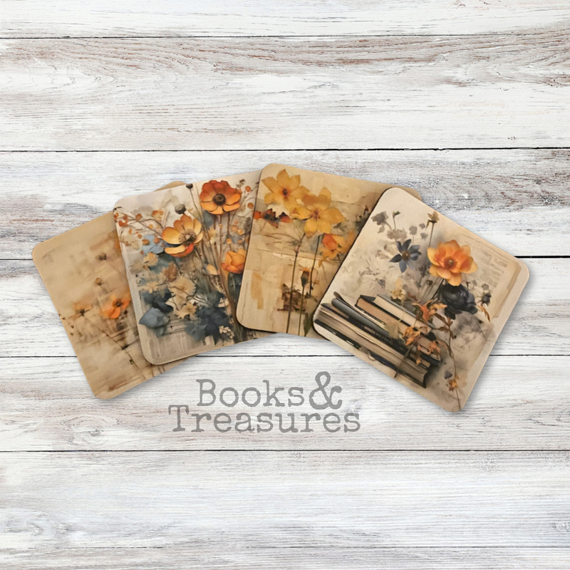 Floral Bookish Coasters Set of 4 Handmade