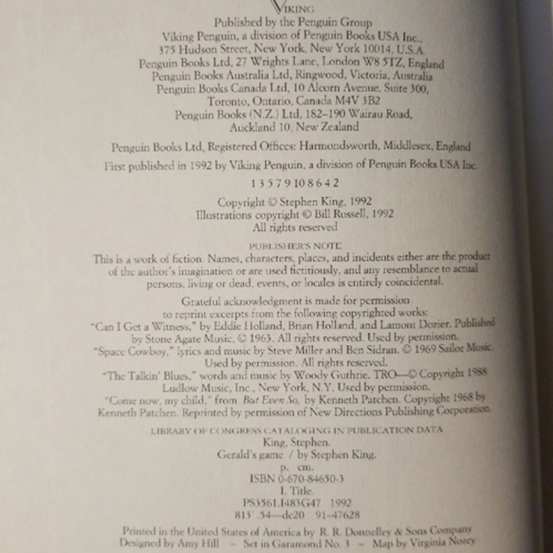 1stEd 1stPrint Gerald’s Game Strephen King