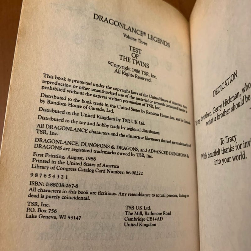 Vintage DragonLance: Test of the Twins, Legends 3, 1986 First Edition First Printing