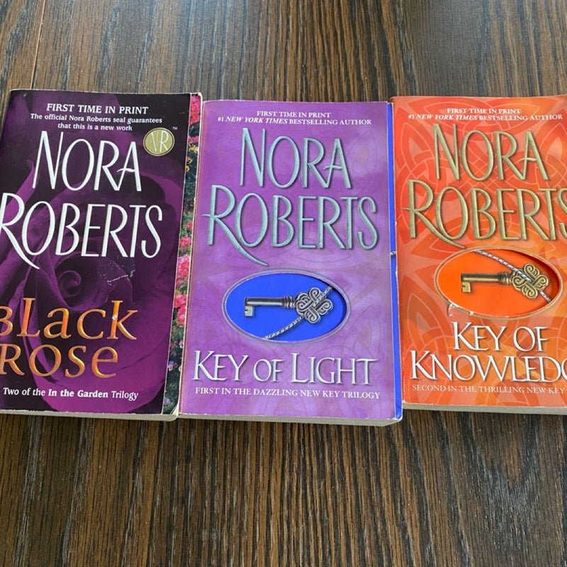 3 Nora Robert’s Paperback Books Black Rose, Keyof Light, Key of Knowledge