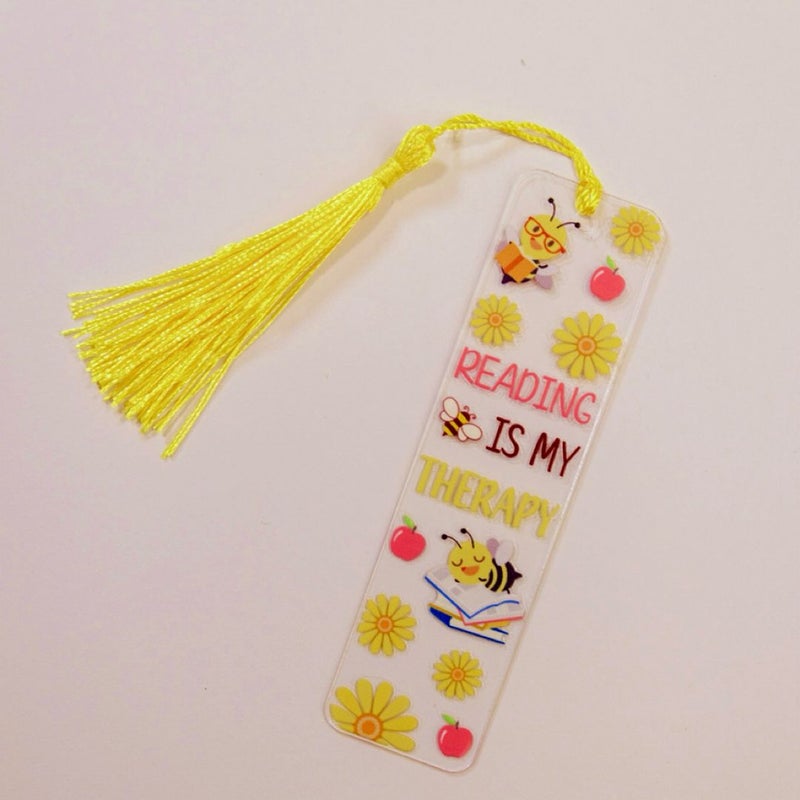 “Reading is my therapy” bee and floral acrylic bookmark